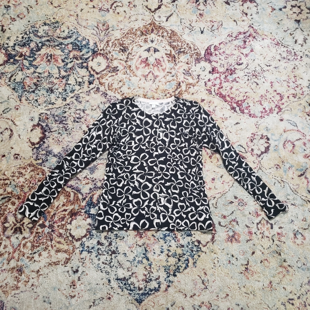 Charter Club Bow Print Cardigan with Sequins Black White Size Petite Small